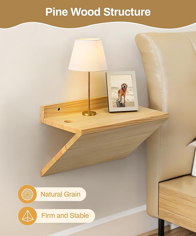 Floating Nightstand, Rustic Wooden Floating Bedside Table Z-Shape Wall Mounted Nightstand Small Hanging Night Stands for Bedroom (2, Natural Wood)