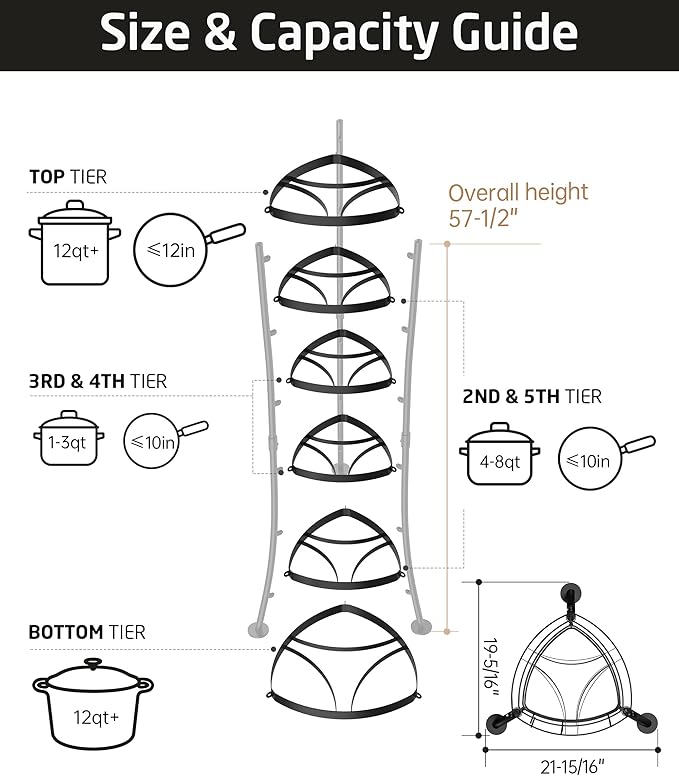 KES 264 Lbs Capacity Freestanding Pot Rack, 6-Tier Cast Iron Cookware Stand with 6 Hooks, Pots and Pans Storage Tower for Kitchen, Stable Base, Anti-tip Strap & Floor Protectors Black, KUR531S6-BK