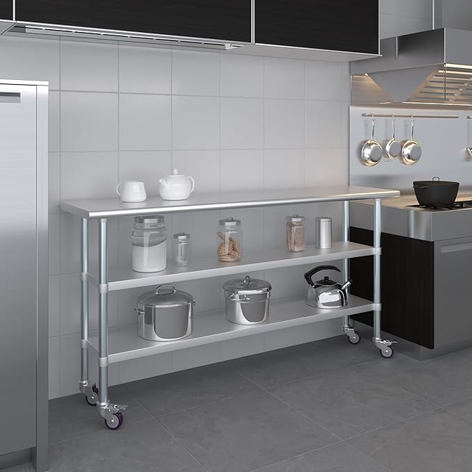 AmGood Stainless Steel Work Table with 2 Shelves and Casters | Metal Utility Table On Wheels (Stainless Steel Work Table with 2 Shelves + Casters, 72" Long x 18" Deep)