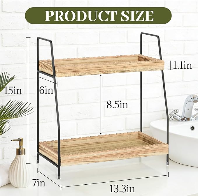 2 Tier Bathroom Countertop Organizer, Wood Bathroom Organizers and Storage, Slotted Edge Counter Shelf for Storage, Farmhouse Countertop Organizer for Bathroom, Kitchen, Coffee