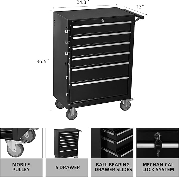 6-Drawer Rolling Tool Chest Cabinet, Large Capacity Metal Tool Box with Wheels and Locking, Roll Around Storage Organizer Tool Cart for Garage, Warehouse, Work Shop - Black
