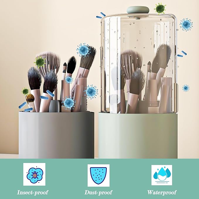 Makeup Brush Holder with Dustproof Cover, Clear 360 Rotating Make Up Brushes Organizer for Counter Vanity Bathroom, Sage Green