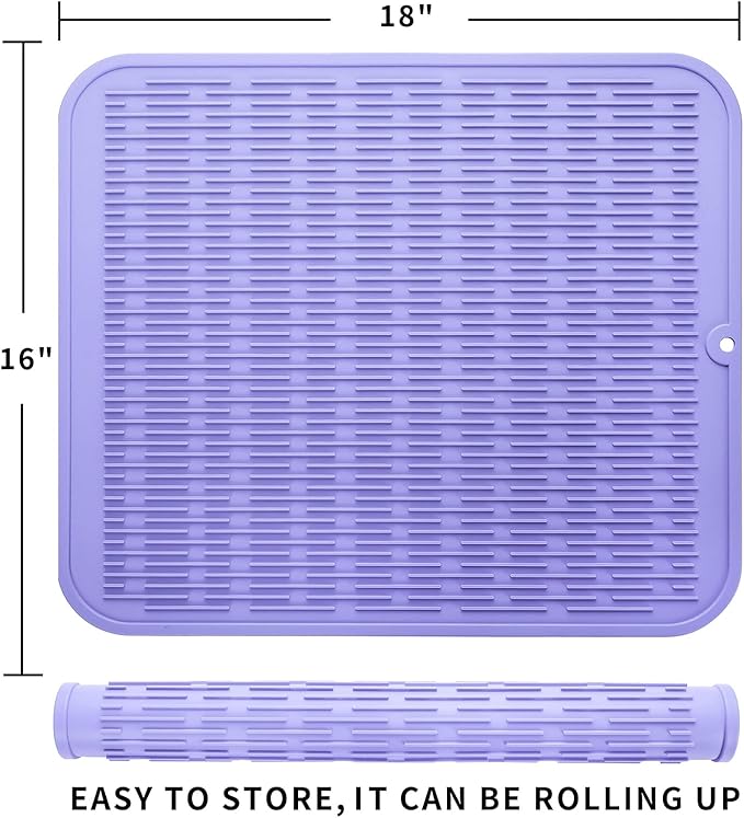 Silicone Dish Drying Mat for Multiple Usage,Easy clean,Eco-friendly,Heat-resistant Silicone Mat for Kitchen Counter or Sink,Refrigerator or Drawer Liner Light Purple XL 18 inches x 16 inches