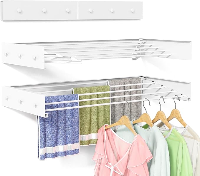 Wall Mounted Drying Rack for Laundry 31.5'', Folding Clothes Drying Rack Wall Mount with 5 Rods and 6 Hooks, Space Saving Collapsible Towel Rack for Indoor Outdoor Bathroom Balcony (White, 31.5'')