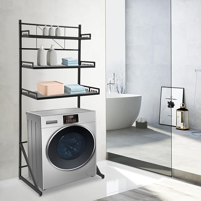 Over Washer and Dryer Storage Shelves, 3-Tier Washing Machine Organizer Rack with Height Adjustable Shelf for Laundry Room Garage Bathroom, W27.2*D15.8*H63.4in, Black
