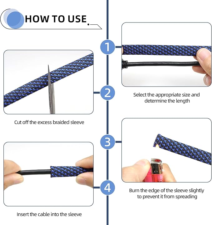 Braided Cable Sleeving, PET Expandable Braided Cable Sleeve, Flexible Mesh Sleeving Cord Management for Audio Video and Other Home Device, Cord Protector from Pets (Black Blue-2, 1/2")