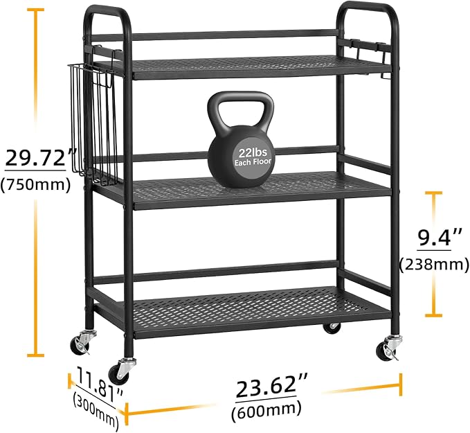 HDANI 3 Tier Metal Mesh Utility Cart,Large Capacity Multipurpose Heavy Vehicle,Rolling Trolley with to Hooks and One Basket(Black)