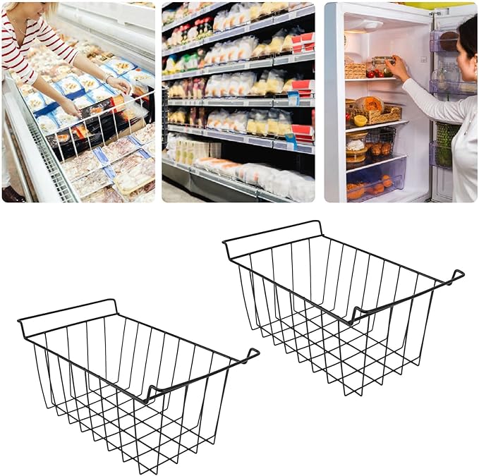 2PCS Freezer Organizer Bins, Steel Wire Freezer Basket with Handles Multifunctional Organizer Bin Stackable Metal Wire Baskets for Cabinet, Pantry, Closet (Black)