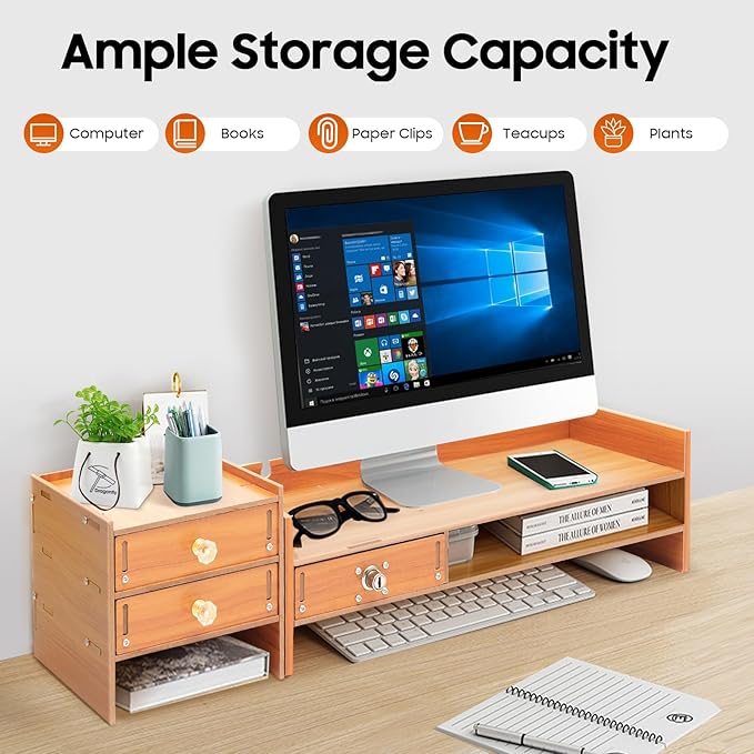 Monitor Stand,Computer Monitor Stand,Computer Rack with Drawers,Desk Shelf Wood Desk Organizer,Wooden Desktop Organizers w/Lock for Home Office Workspace Organizer (5.95lbs)