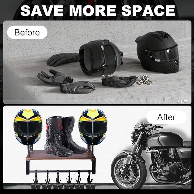 Motorcycle Helmet Rack Wall Mount, Helmet Holder with 6 Glove Chips& Hooks - Rustic Bike Helmets Storage Organizer, Universal Wall Mount for Helmets, Gear, Clothes, Motorcycle Accessories