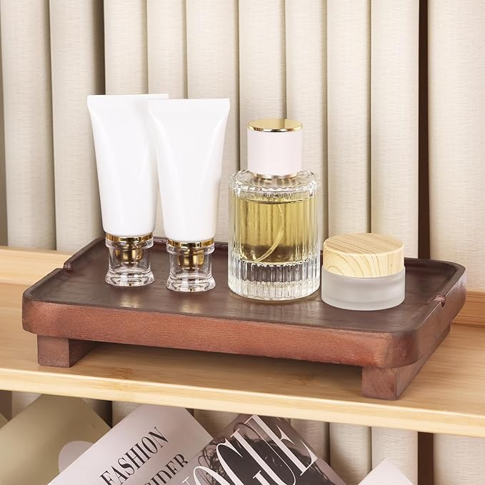 Wood Riser Small Decorative Tray Sink Soap Dish, Vanity Tray Pedestal Stand 9 x 5.9 inches (Dark Brown)