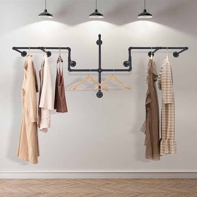 Industrial Pipe Clothes Rack Wall Mounted, 85.83 inches Heavy Duty Iron Pipe Clothing Garment Rail, Multi-Purpose Clothing Hanging Rod for Laundry Room and Closet Storage
