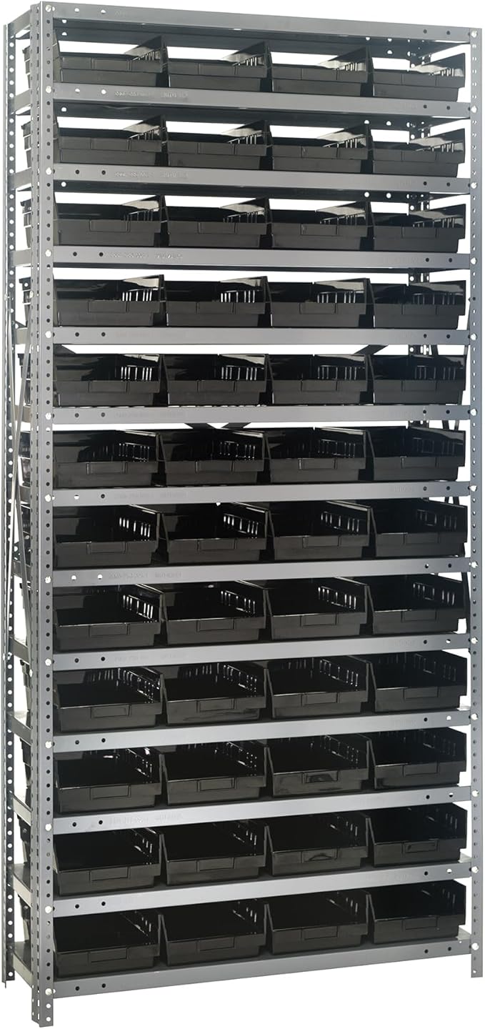 Quantum Storage Systems 1275-107BK Steel Shelving Unit with 4" Shelf Bins, 12" D x 36" W x 75" H, Black