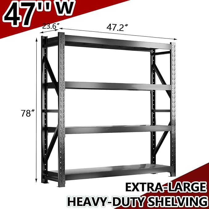3000LBS Heavy-Duty Garage Shelving, 47" W Metal Shelves, 4-Tier Adjustable Garage Shelving Units, Storage Racks for Warehouse, Workshop