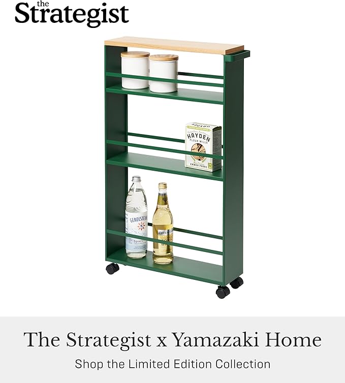 YAMAZAKI Home Slim Rolling Storage Cart – Narrow Kitchen Storage Cabinet with Handle, Slim Storage Cart with Wheels, Easy Assembly, Steel + Wood, Green