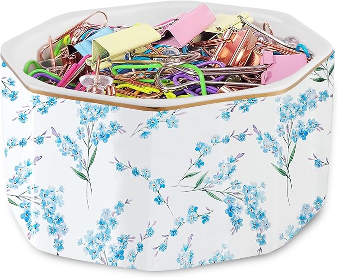 Ceramic Paper Clip Holder Gold Line Paper Clip Dispenser Organizer for Desk Cute Floral Pattern Office Binder Clip Holder Bobby Pin and Hair Clip Holder Gift for Office Blue Flowers