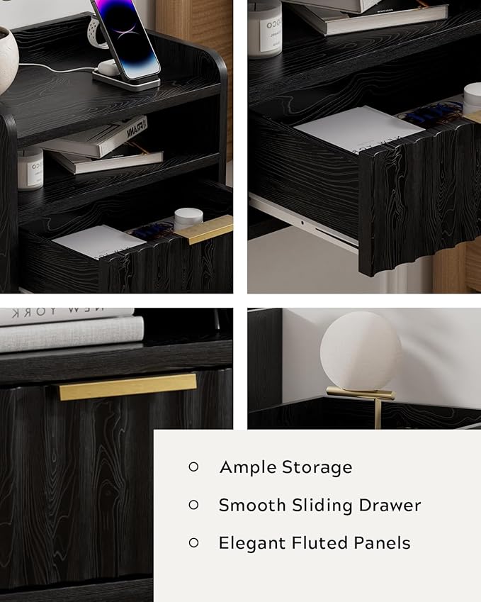 Fluted Floating Nightstands Set of 2 with Drawer, Modern Small Wall Mounted Storage Night Stand with Charging Station, Wood Bedside Table USB C & USB A Ports, Black
