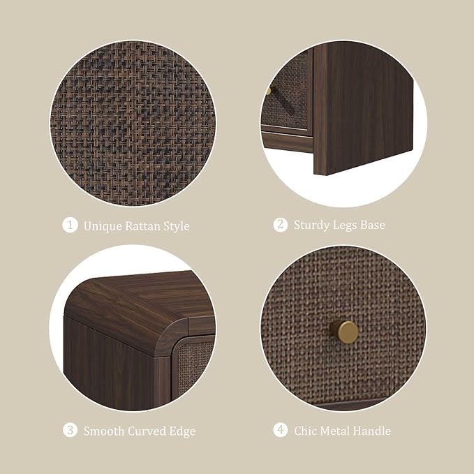 Oak&Sparrow 6 Drawer Dresser for Bedroom, 49'' Rattan Dresser with Ample Storage, Boho Chest of Drawers, Thickened Curved Profile Design, Dark Walnut Dressers for Bedroom, Living Room