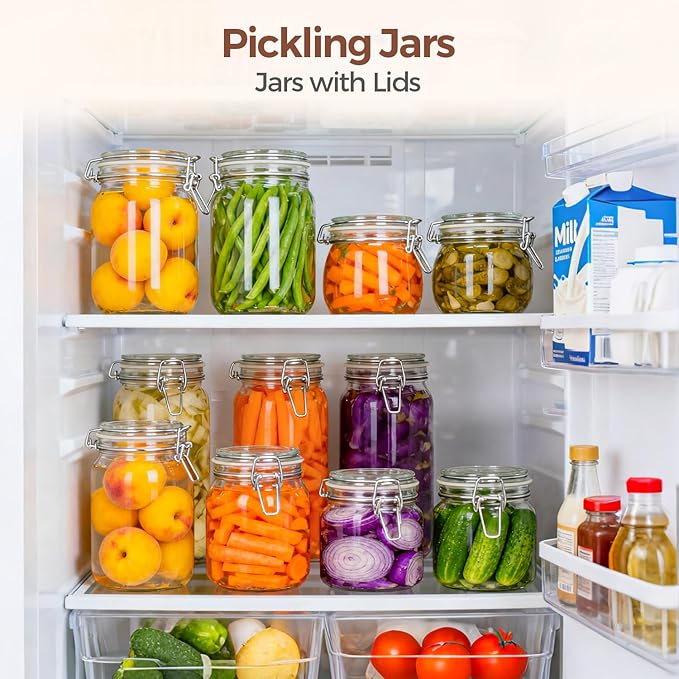 ComSaf Airtight Glass Canister Set of 3 with Lids 34oz Food Storage Jar Square - Storage Container with Clear Preserving Seal Wire Clip Fastening for Kitchen Canning Cereal,Pasta,Sugar,Beans,Spice