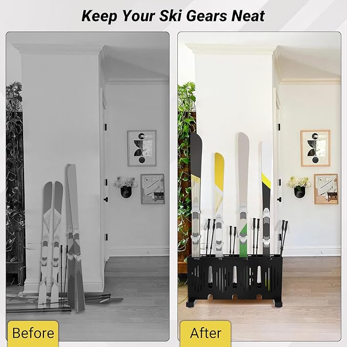 4-Pair Ski Storage Rack w/Width-Adjustable Fixing Bars, Heavy Duty Metal Freestanding Ski Rack - Ideal Organizer for Garage, Home and Store, 26" L ×10.2" W ×13.6" H