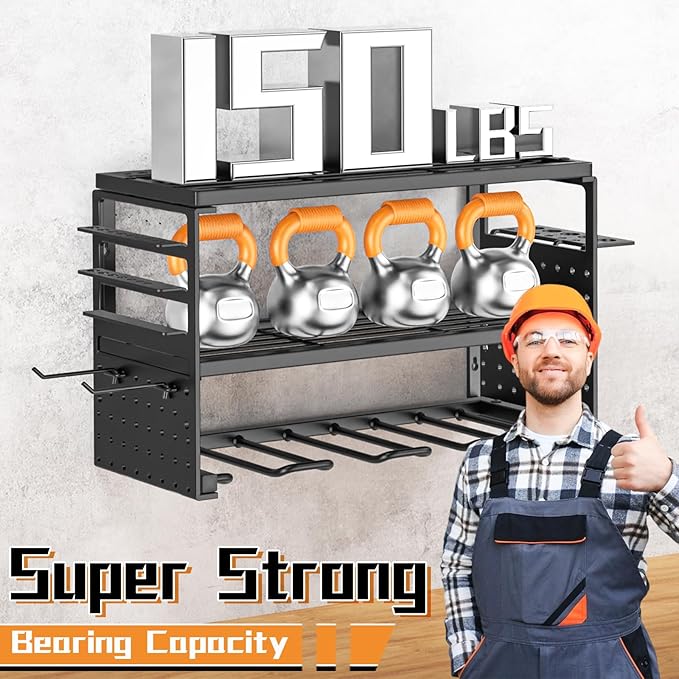 Power Tool Organizer Wall Mount, 150Lbs Load 3 Layer Heavy Duty Metal Tool Shelf with 4 Drill Holders, Garage Workshop Storage for Cordless Tools Batteries Screwdrivers(Black A)