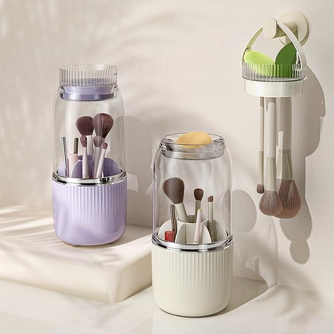 360° Rotating Makeup Brush Holder Organizer,Makeup Brush Holder with Cleaning and Drying Function,Cosmetic Display Case with Cover,Makeup Organizer for Vanity,Desktop,Bathroom(Cream)