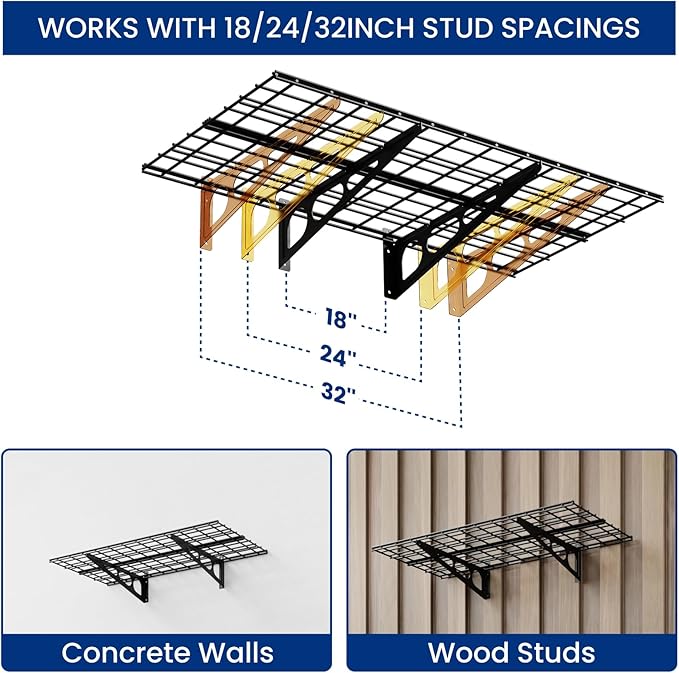 FLEXIMOUNTS 2-Pack 2x4ft Garage Shelving with Hooks, 24-inch-by-48-inch Wall Shelf Garage Storage Racks Floating Shelves, Black, Classic Series