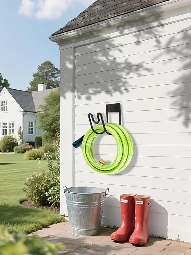 Metal Garden Hose Holder, Wall Mounted Water Hose Hanger, Solid Hose Hook for Garden Garage Water Hose/Extension Cords/Vacuum Lines (Black)