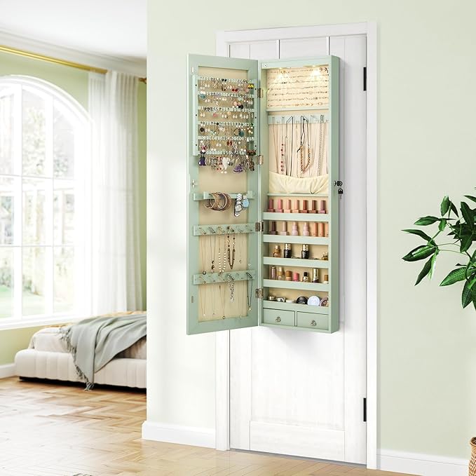 Giantex Wall Door Mounted Jewelry Armoire Cabinet with 47.5" Full Length Mirror, 2 LEDs Lockable Jewelry Organizers and Storage with 2 Drawers, Over the Door Jewelry Organizer Cabinet (Sage)