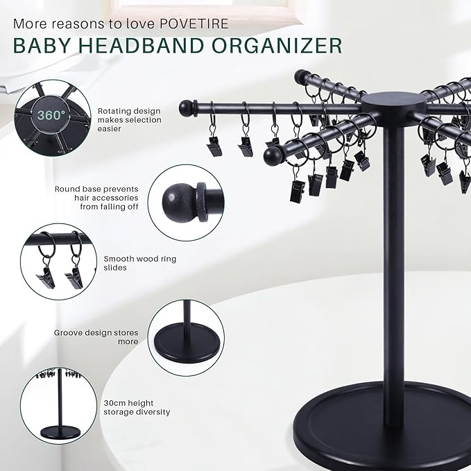 POVETIRE Headband Holder Bow Organizer for Girls, Rotating 360 Hair accessories Organizer Storage Baby Headband Display Stand Hair Bow Rack for Toddler Nursery Decor