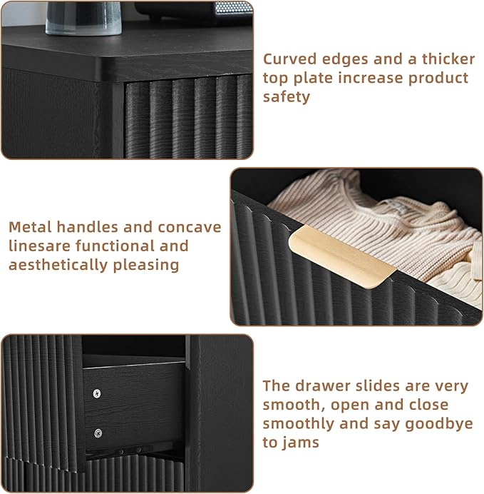 LEYAOYAO Fluted 6 Drawers Dresser Set of 2, 48" Wide Modern Chest of Drawers with Woodgrain Top, Curved Profile Design, Dresser TV Stand, Wooden Drawer Organizer for Bedroom, Living Room,Black