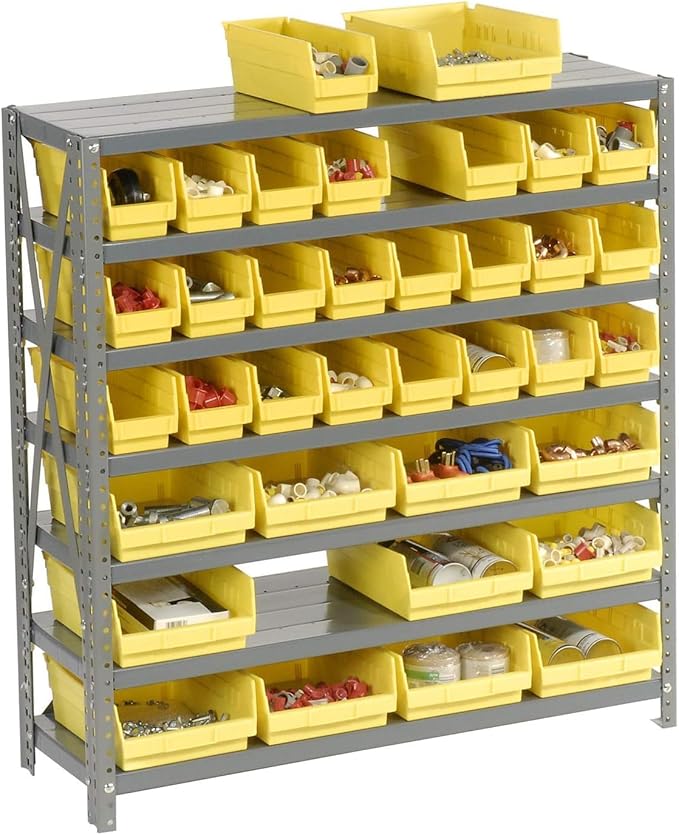 Global Industrial 7 Shelf Steel Shelving with (36) 4" H Plastic Shelf Bins, Gray Frame & Yellow Bins, 36" W x 12" D x 39" H, Industrial or Commercial Storage, Assembly Required