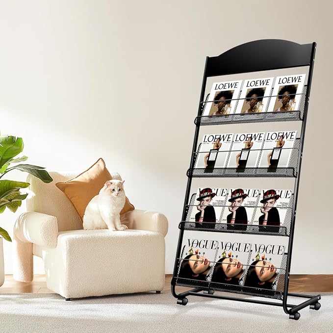 Floor-Standing Magazine Rack, 4-Layer Brochure Display Stand Tiered Design Magazine Stand Detachable Magazine Display with Casters for Exhibitions, Shopping Malls, Hospitals, Offices
