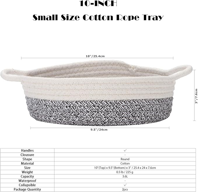 Sea Team 2-Pack Cotton Rope Baskets, 10 x 3 Inches Small Woven Storage Basket, Fabric Tray, Bowl, Round Open Dish for Fruits, Jewelry, Keys, Sewing Kits (Mottled Grey & White)