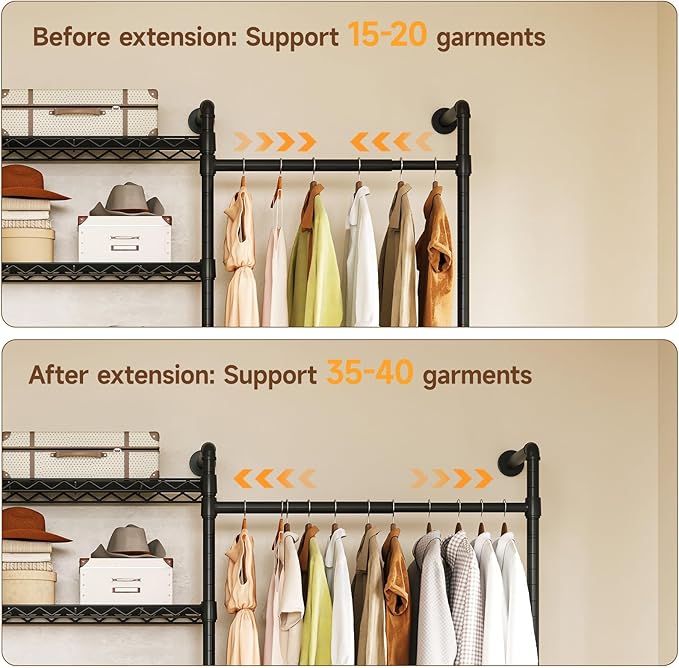 ONBRILL L4 Wall Mounted Industrial Pipe Clothing Rack, Closet Organizer System with 6 Hanging Clothes Rods ( 4 Expandable Rods) & 8 Shelves, Heavy Duty Corner Garment Rack, Large Wardrobe - Black