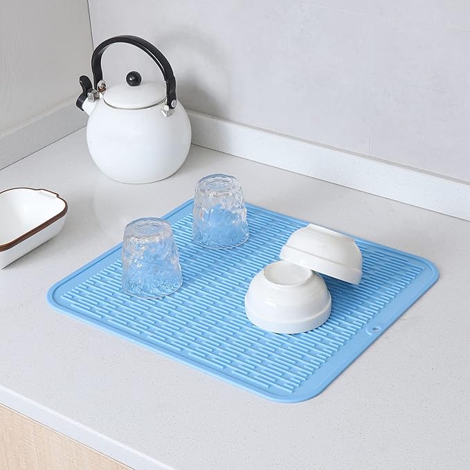 Silicone Dish Drying Mat for Multiple Usage,Easy clean,Eco-friendly,Heat-resistant Silicone Mat for Kitchen Counter or Sink,Refrigerator or Drawer Liner Light Blue 2XL 24 inches x 18 inches