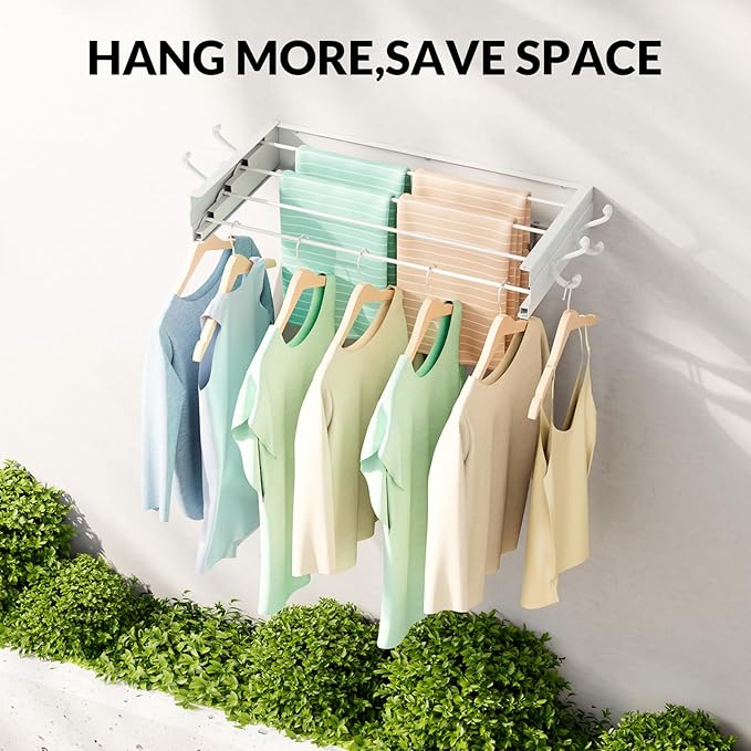 BAKON Wall Mounted Foldable Clothes Drying Rack - Indoor Outdoor Laundry Drying Rack with 4 Hooks & 4 Poles, Space Saving Concealed Design for Storage (23.6"【Upgrade】)