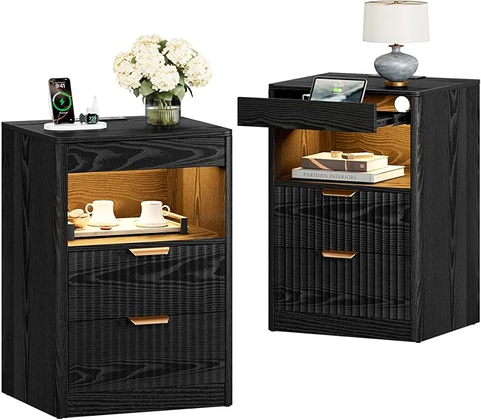 REAHOME Fluted Nightstand Set of 2 with Charging Station, Modern LED Night Stand with 2 Drawers and Pull Out Tray, Wood Bedside Table, End Side Table with Open Shelf for Bedroom,Black