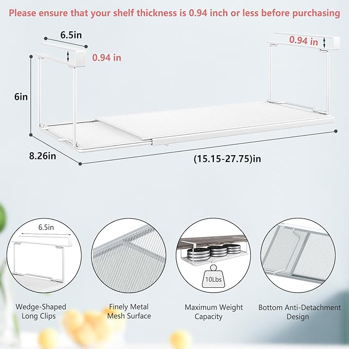Expandable Under Cabinet Shelf, Extendable Under Shelf Storage with 0.94 Inches Thick Clips for Shoe Rack, Pantry Cabinet, Laundry Room. (White, 2 Pack, Interior: 6" H x 8.26" D)