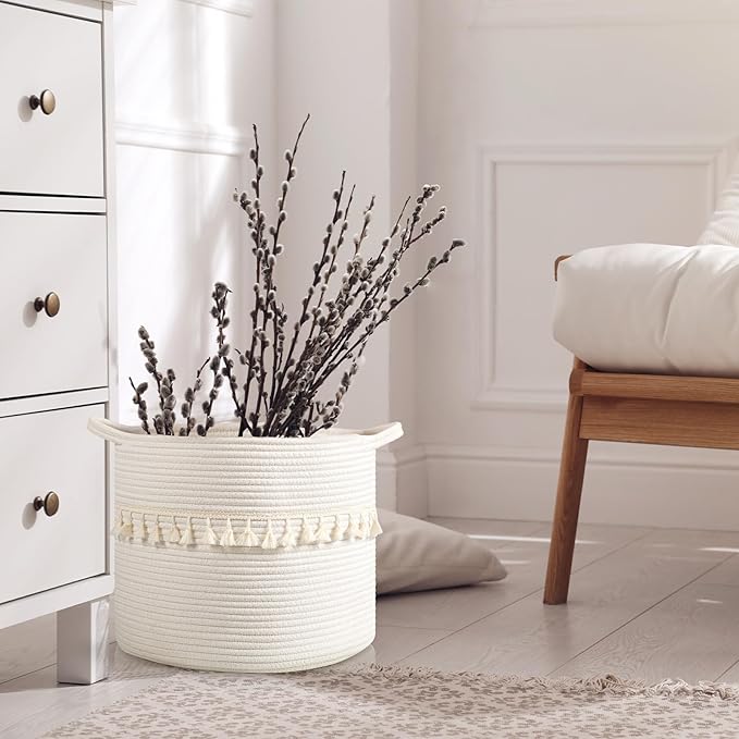 danpinera Baskets for Organizing, 3 Pack White Storage Baskets for Shelves with Tassel, 13 Inch Round Woven Baskets for Storage in any Room