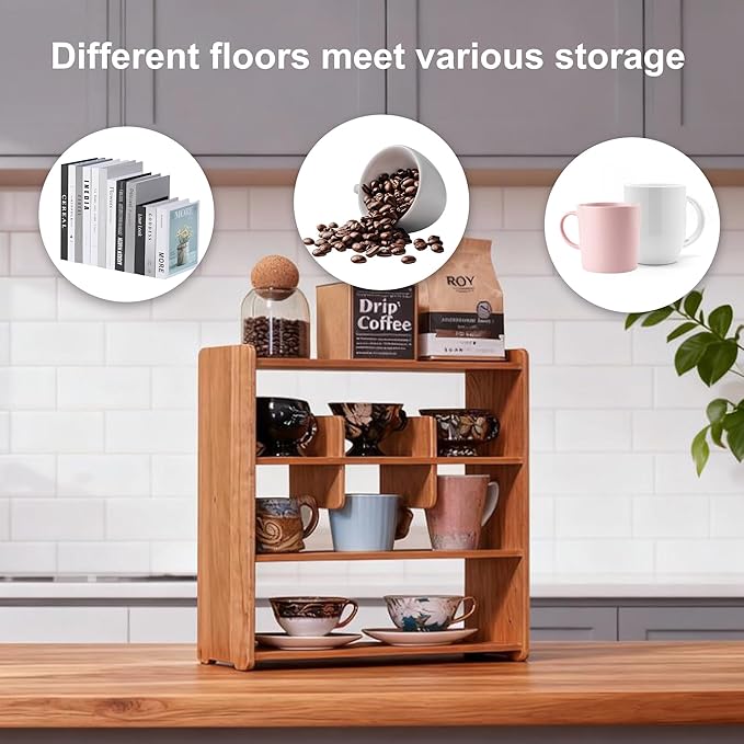 Coffee Cup Holder for Countertop Walnut Wood Coffee Mugs Holder for Kitchen Mug Display Rack (4-Tier wood B)