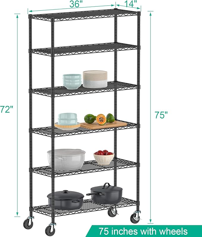 6-Tier Metal Storage Rack with Wheels, Sturdy Adjustable Wire Shelving Unit Rolling Shelf for Garage, Kitchen, Pantry, 36" W x 14" D x 75" H, Black