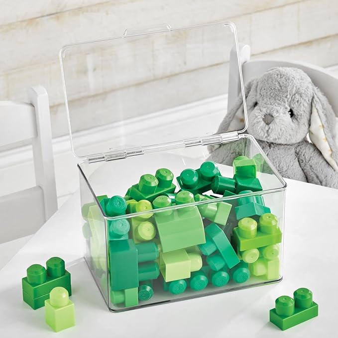 mDesign Set of 2 Storage Boxes with Lids – Stackable Plastic Storage Boxes for Nursery – Practical Plastic Toy Box Set – Clear