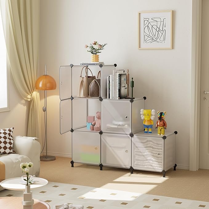 Cube Storage Organizer, 6-Cube Shelves Unit with Doors, DIY Stackable Plastic Clothes Organizer for Bedroom and Under Stairs Storage Unit, 30 x 30 x 30 cm Frosted White ATTSL6003