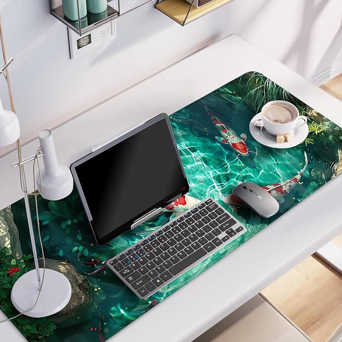 Koi Fish Mouse Pad XXL – Large Japanese Pond Desk Mat with Water Reflection, Extended Non-Slip Gaming Mousepad for Office, Home, Laptop, Workstation, 31.5 x 11.8 in