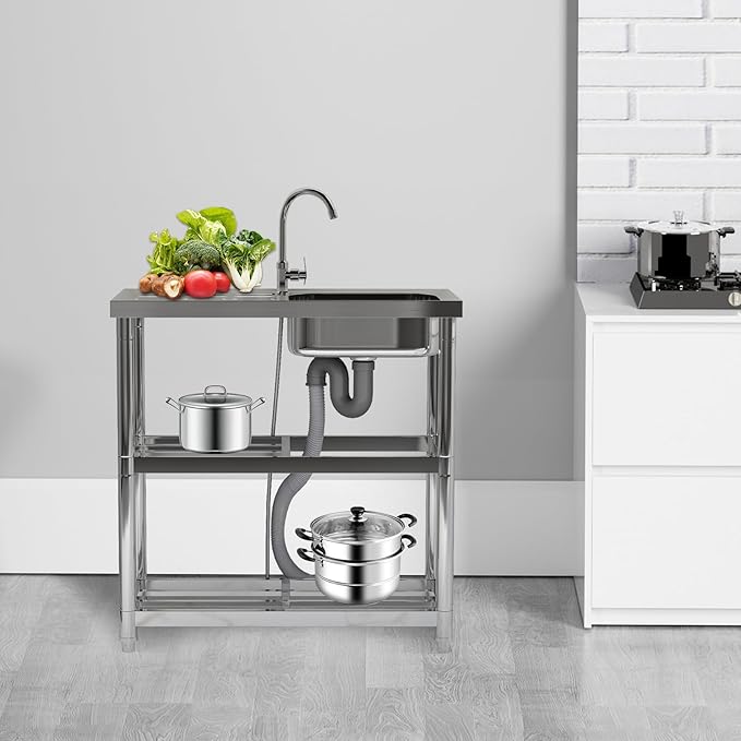 Outdoor Garden Free Standing Utility Stainless Steel Sink, Portable Single Bowl Washing Hand Basin Station Sink, with Drainboard Storage Shelves for Camping, Garage, Restaurant, Kitchen, Bar