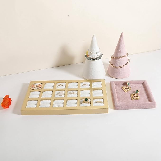 GemeShou Velvet Ring Storage Organizer Tray with 18 grids, White Jewelry Earring Display Stand for Selling, Velvet Jewelry Studs Display Holder【White】
