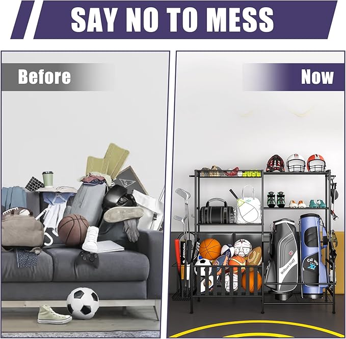 Sports Equipment Organizer, Heavy Duty Golf Bags Stand, Extra Large Ball Storage Rack for Garage