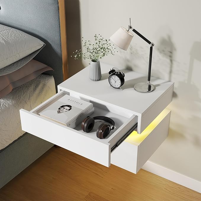Floating Nightstand Set of 2,Modern Bedside Tables with LED Light for Bedroom,Small Night Stands with Drawers, Wall Mounted End SideTables Set for Living Room