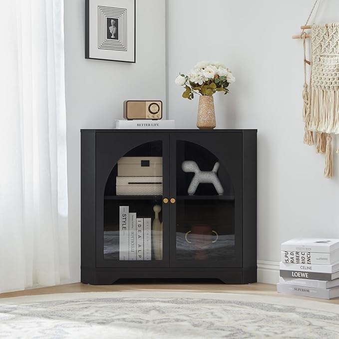 31.5" Mid-Century Modern Small Coner Storage Cabinet, Black Coner Cabinet with Arched Acrylic Mullion Door & Adjustable Shelf for Living Room, Bathroom, Kitchen Coofee Bar (Black)